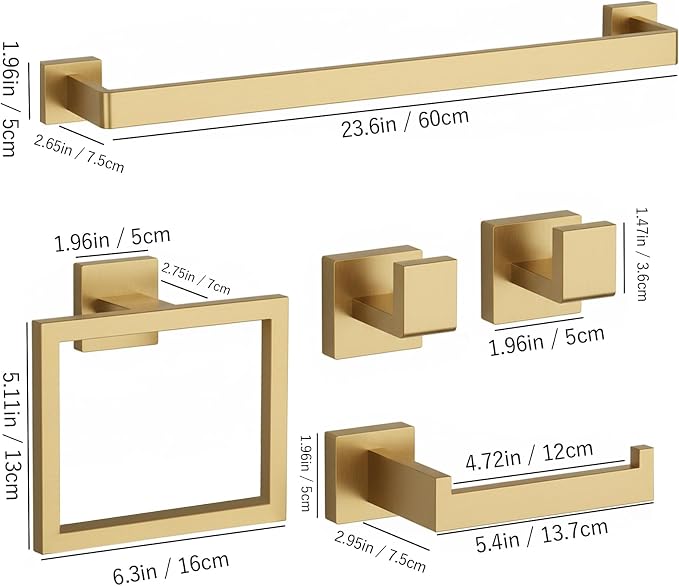 15-Piece Brushed Gold Bathroom Accessories Set 23.6 Inch Towel Bar Set. | SUS 304 Stainless Steel Bathroom Hardware Set Towel Racks for Bathroom, Robe Towel Hooks, Toilet Paper Holder Wall Mounted.