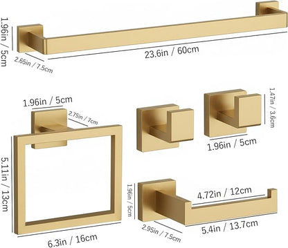 5-Piece Brushed Gold Bathroom Accessories Set 23.6 Inch Towel Bar Set. | ﻿ SUS 304 Stainless Steel Bathroom Hardware Set Towel Racks for Bathroom, Robe Towel Hooks, Toilet Paper Holder Wall Mounted.