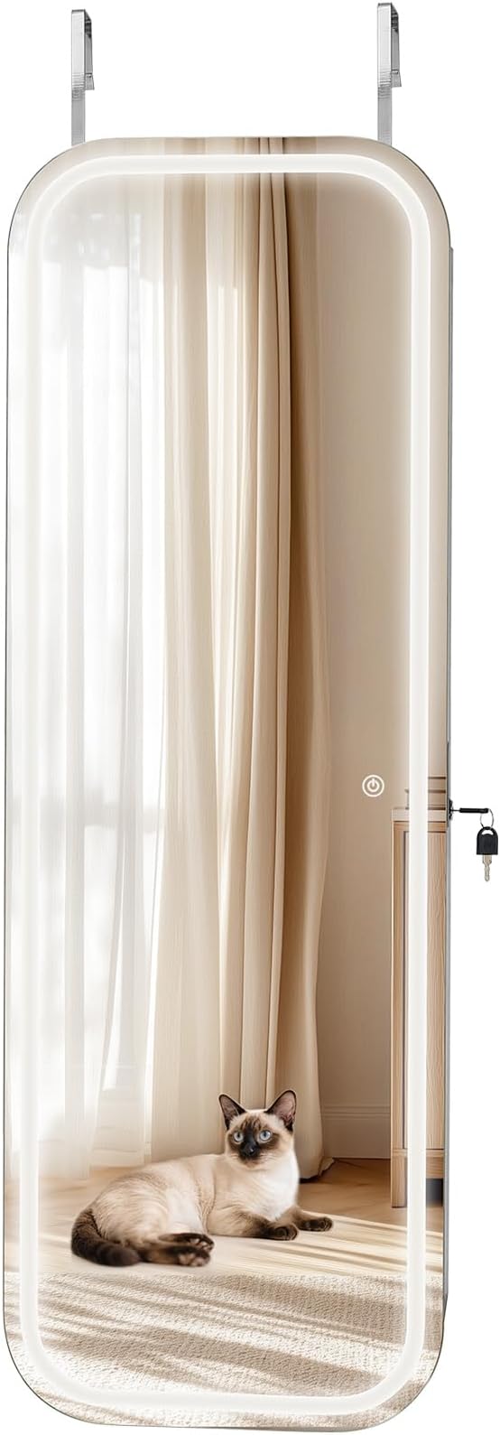 VEVOR LED Mirror Jewelry Cabinet, 42.5-inch Tall, Full-Length Mirror with Storage, Wall Mount/Over the Door Jewelry Armoire Organizer with Lights, Rounded Design, Lockable Door with 2 Keys, White