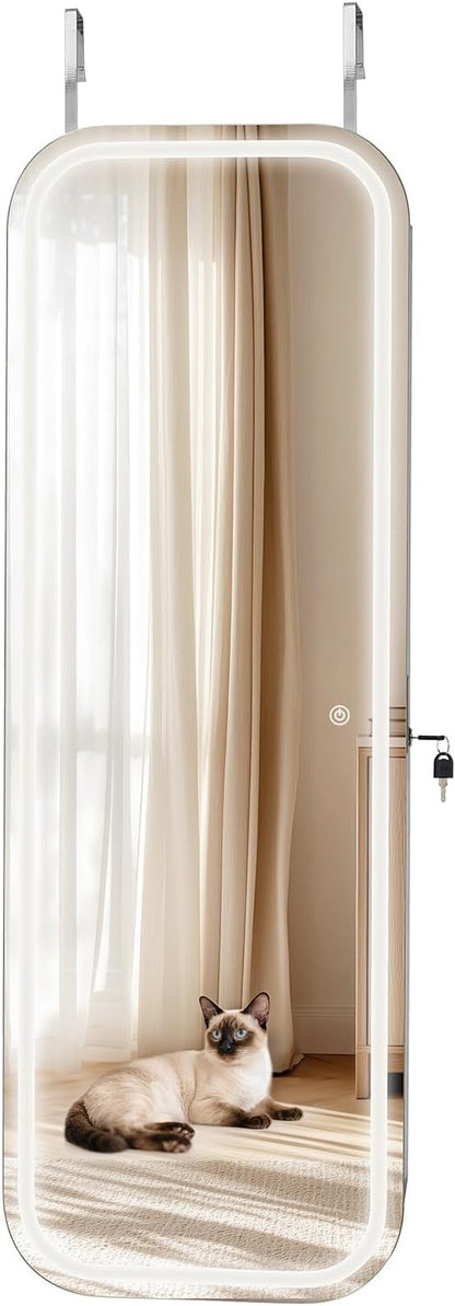 VEVOR LED Mirror Jewelry Cabinet, 42.5-inch Tall, Full-Length Mirror with Storage, Wall Mount/Over the Door Jewelry Armoire Organizer with Lights, Rounded Design, Lockable Door with 2 Keys, White