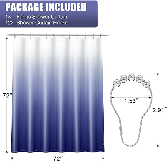 OLANLY Luxury Navy and White Ombre Shower Curtain Sets with 12 Hooks, Waterproof and Washable Decorative Shower Curtains for Bathroom, 72x72 Inches