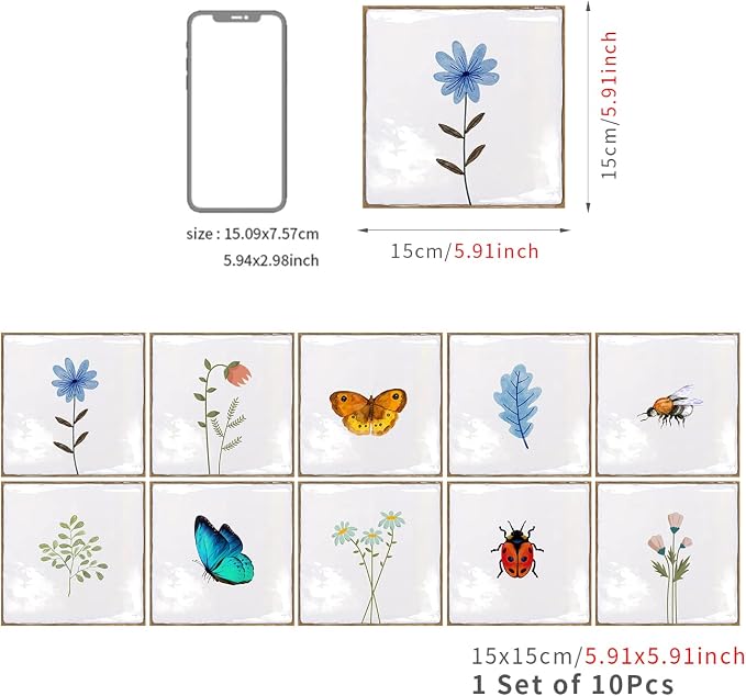 Alwayspon Vinyl Sticker Peel and Stick, Self-Adhesive Wall Tile Transfers Backsplash Sticker Decal for Kitchen Bathroom, 6x6inch/15x15cm 30Pcs, Insects and Plants T037