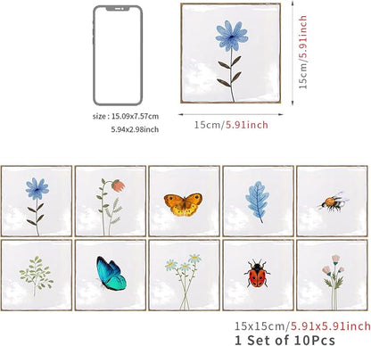 Alwayspon Vinyl Sticker Peel and Stick, Self-Adhesive Wall Tile Transfers Backsplash Sticker Decal for Kitchen Bathroom, 6x6inch/15x15cm 30Pcs, Insects and Plants T037
