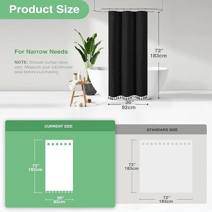 Dynamene Stall Fabric Shower Curtain, 36x72 inch Half Boho Tufted Chevron Striped Small Cloth Shower Curtains for Bathroom, Narrow Thick Waterproof Polyester Shower Curtain Set with 6 Hooks, Black