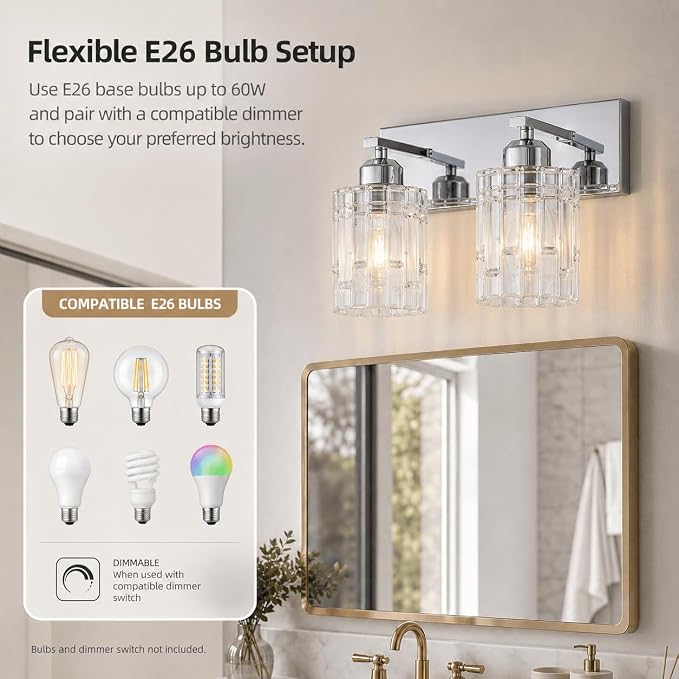 Chrome 2-Light Crystal Bathroom Vanity Light Fixture Over Mirror, Modern Bathroom Wall Light for Living Room, Bedroom, Hallway