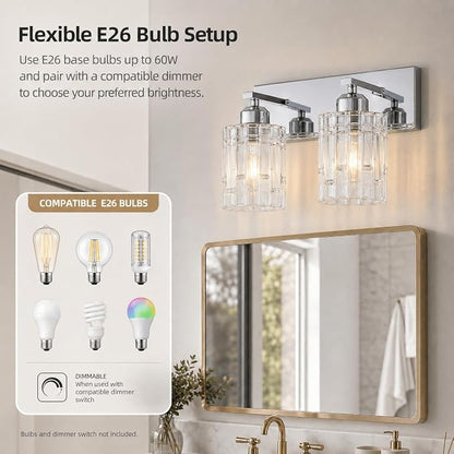 Chrome 2-Light Crystal Bathroom Vanity Light Fixture Over Mirror, Modern Bathroom Wall Light for Living Room, Bedroom, Hallway