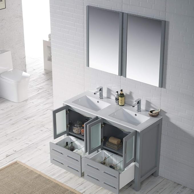Blossom 48" Double Sink Vanity Solid Wood | Modern Metal Grey Bathroom Vanity with Sink | 18" Narrow Depth Space Saving Design | Soft Close Drawers & Tempered Glass Doors | Master Suite Upgrade