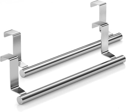 Over Cabinet Towel Bar, Stainless Steel Towel Holder, Silver, 2 Pack | No-drill Over Cabinet Towel Rack, Rustproof Stainless steel, Scratch-resistant Foam Pads, Fits Doors Up to 0.8"