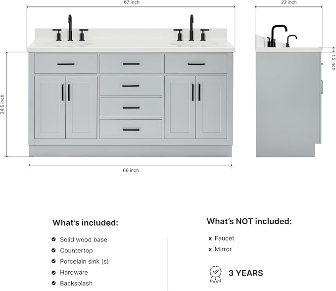 ARIEL Hepburn 66-inch Bathroom Vanity with Sink,Solid Wood, 1.5-inch Pure White Quartz Countertop & Backsplash, Double Oval Porcelain Sink, 4 Soft Closing Doors, 6 Dovetail Drawers, Grey