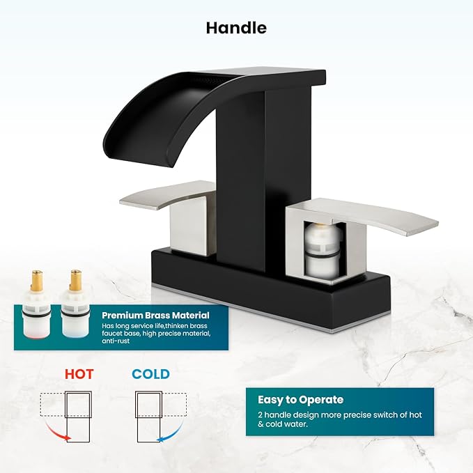 gotonovo Waterfall 4 Inch Centerset Bathroom Sink Faucet 2 Handle Basin Faucets 2 or 3 Hole Deck Mount with Pop Up Drain Included Lavatory Modern Mixer Tap Vanity Faucet Matte Black & Brushed Nickel