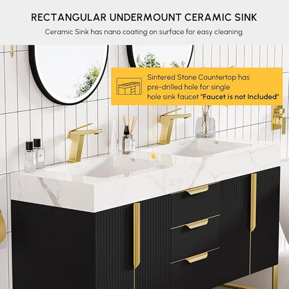 homary 60" Freestanding Bathroom Vanity Set with Double Sink, Modern Bathroom Sink Cabinet Storage Cabinet with Sintered Stone Countertop and Ample Storage, Black