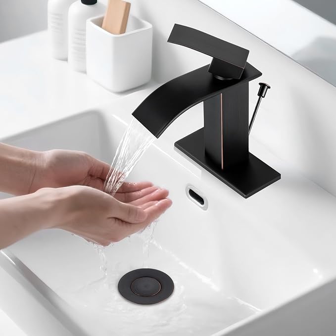 ORB Bathroom Faucet with Lift Rod Drain, Waterfall Bathroom Sink Faucet Modern Single Handle Bathroom Faucte 1 or 3 Hole, RV Mixer Tap Vanity Faucet Washbasin Faucet with Deck