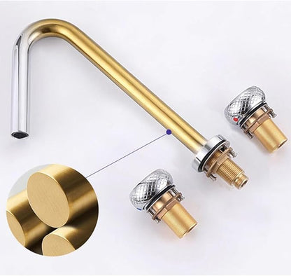 3 Hole Basin Mixer Faucet Brass 3 Hole Bathroom Faucets Double Handle-Brushed Gold