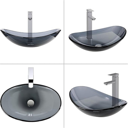 Bathroom Boat Shape Artistic Glass Vessel Sink Free Chrome Faucet and Pop-up Drain Set, Bluish Grey
