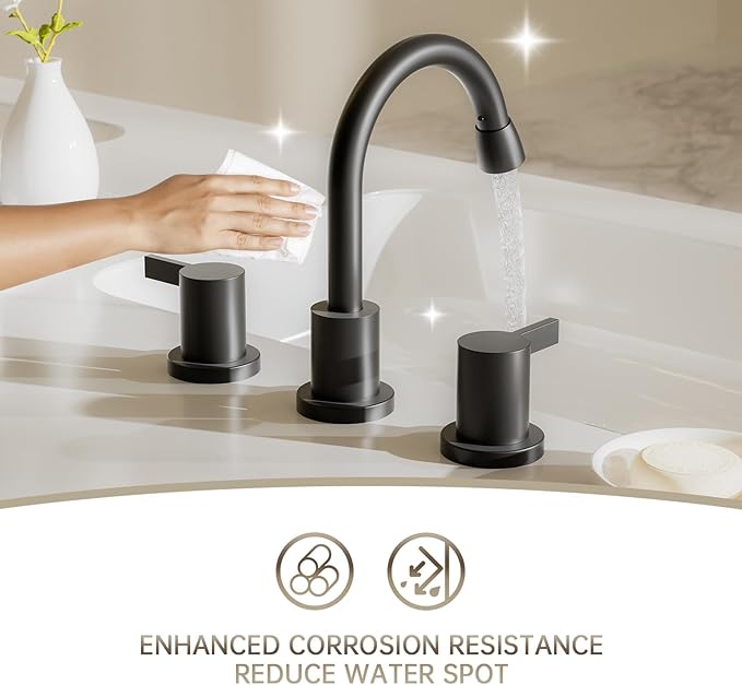Phiestina Pull Down Sprayer Matte Black Widespread Bathroom Sink Faucet, 8 Inch 2 Handles 3 Hole Pull Out Bathroom Faucet，with Metal Pop-Up Drain and Water Supply Line，BF04012-K01-MB