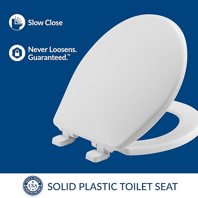 Mayfair Caswell Modern Slow Close Toilet Seat, Durable Plastic Seat, Made in USA, Round, White (Pack of 2)