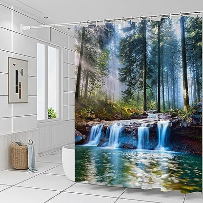 Waterfalls Shower Curtains Outdoor Natural Scenery Forest Sunshine Tree Plant Landscape Courtyard Bathroom Decor Polyester Fabric Curtain Set 86 x 70 Inch with Hooks