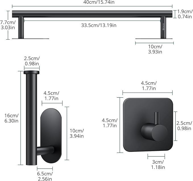 JiGiU 16-Inch Towel Bar, Self Adhesive Bath Hardware Set Bathroom Towel Holder with Toilet Paper Holder & 3 Packs Towel Hooks Stainless Steel Bathroom Hardware Accessory Kit, No Drilling-Black | Wall Mounted Towel Holder, Bathroom Accessories, Stainles...