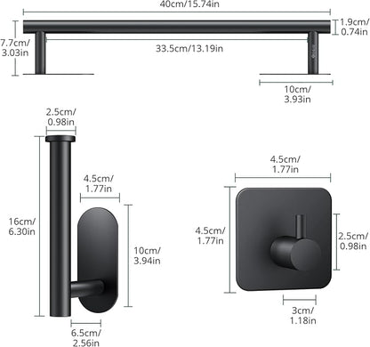 JiGiU 16-Inch Towel Bar, Self Adhesive Bath Hardware Set Bathroom Towel Holder with Toilet Paper Holder & 3 Packs Towel Hooks Stainless Steel Bathroom Hardware Accessory Kit, No Drilling-Black | Wall Mounted Towel Holder, Bathroom Accessories, Stainles...