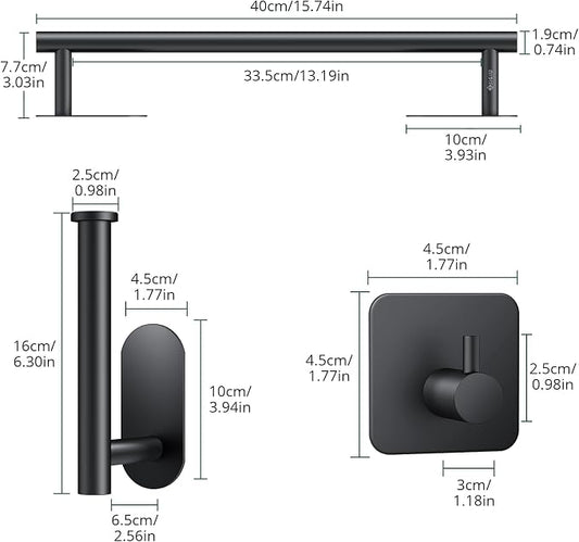 JiGiU 16-Inch Towel Bar, Self Adhesive Bath Hardware Set Bathroom Towel Holder with Toilet Paper Holder & 3 Packs Towel Hooks Stainless Steel Bathroom Hardware Accessory Kit, No Drilling-Black | Wall Mounted Towel Holder, Bathroom Accessories, Stainles...