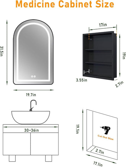 19.7"x31.5" Lighted Medicine Cabinet with Mirror, Arched Bathroom Mirror with Lights and Storage, Dimmable 3 Color with Anti-Fog, Full Metal Recessed & Surface Mount LED Medicine Cabinets Black