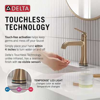 Delta Bonacci Touchless Bathroom Faucet 1-Hole with Touch On Technology, Brushed Gold Single Hole Bathroom Sink Faucet, Metal Push-Pop Drain, Lumicoat Champagne Bronze 545T-CZ-PR-DST