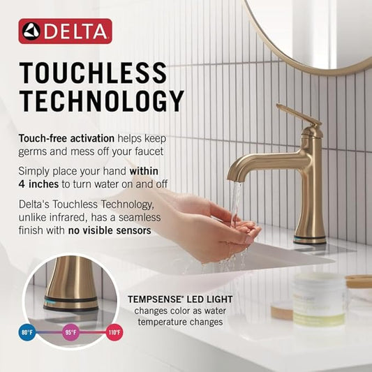 Delta Bonacci Touchless Bathroom Faucet 1-Hole with Touch On Technology, Brushed Gold Single Hole Bathroom Sink Faucet, Metal Push-Pop Drain, Lumicoat Champagne Bronze 545T-CZ-PR-DST