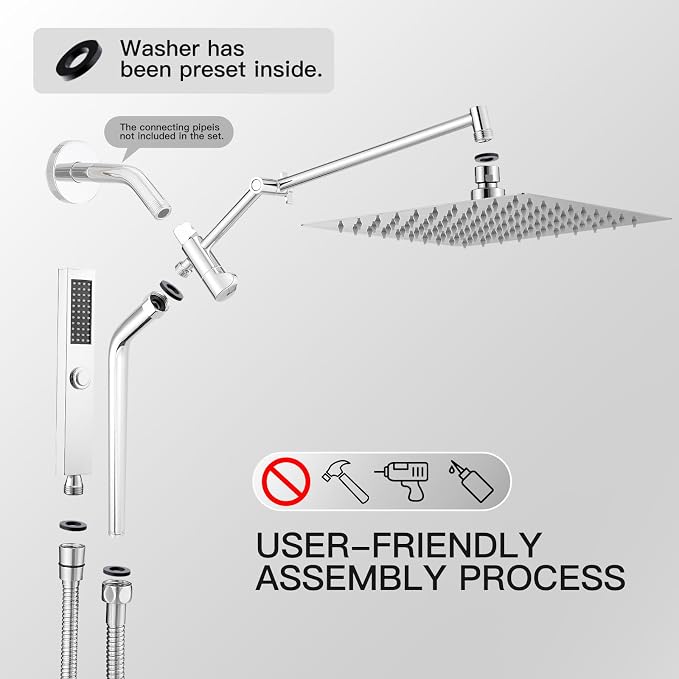All Metal 10" Shower Head with Handheld, Built-in Power Jet Mode | Luxurious, Square, Rain Shower Heads with Spray Combo Set, High Pressure, Dual, Rainfall, with Extension Arm, Chrome