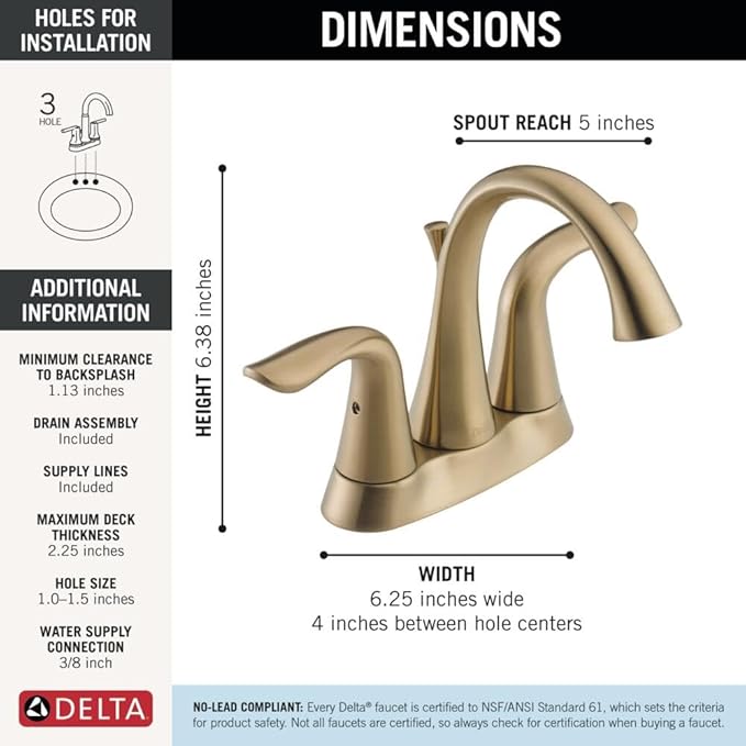 Delta Lahara Centerset Brushed Gold Bathroom Faucet, 4 Inch 3 Hole Bathroom Sink Faucet for Vanity, Metal Push-Pop Drain Assembly, Champagne Bronze 2538-CZMPU-DST