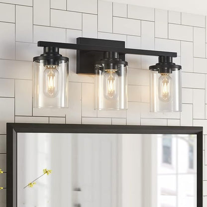 3 Light Black Bathroom Vanity Light Fixtures with Clear Glass Shade, Modern Wall Sconces Lighting for Bathroom Over Mirror