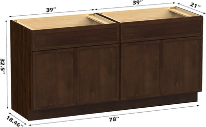 Vanity Art 78 Inch Bathroom Vanity Base Cabinet Double Sink Top Without Sink, Soft Closing Door, Storage Unassembled Cabinet, Brown, 2ea 39 Inch Cabinet Combo