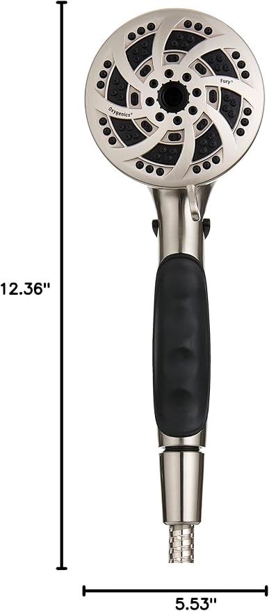 ETL Oxygenics 92489 Fury RV Handheld Shower - Brushed Nickel, 72 inch Hose length | 5 spray settings, flow control lever adjusts pressure, rubber finger grips prevent slipping