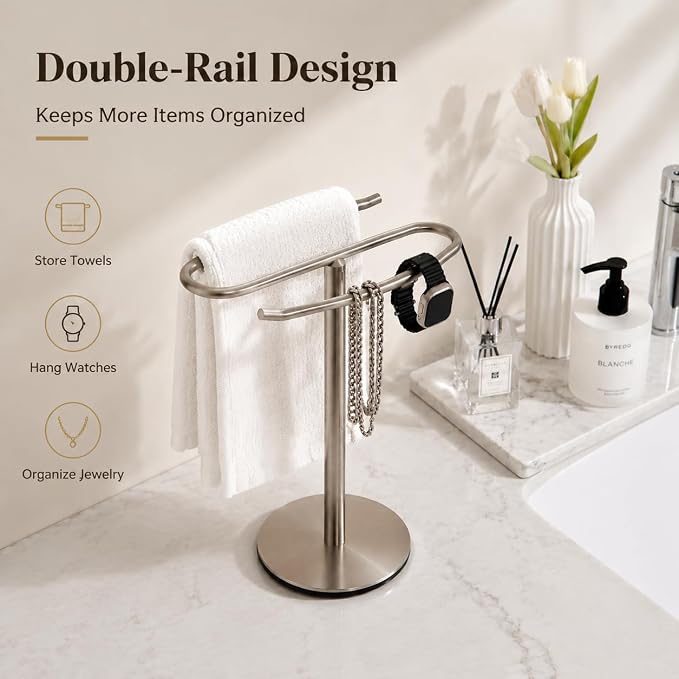 Brushed Nickel Hand Towel Holder Stand,13 Inch Tall Free-Standing Towel Rack, SUS304 Stainless Steel Towel Bar Rack Stand, Tower Bar for Bathroom Kitchen Vanity Countertop…
