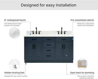 ARIEL Hepburn 60-inch Bathroom Vanity with Sink,Solid Wood, 0.75-inch Italian Carrara Marble Countertop, Double Rectangular Porcelain Sink, 4 Soft Closing Doors, 6 Dovetail Drawers, Midnight Blue