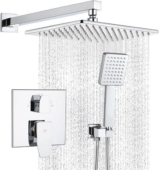 Shower Faucet Set Chrome 10 Inch Shower Head and Handle Set Bathroom Rain Shower System Wall Mounted Shower Fixture Include Shower Valve and Trim Kit