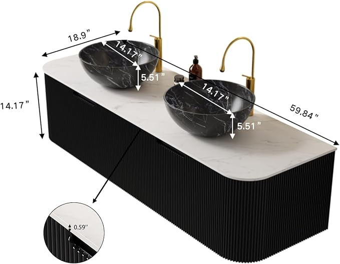 Yayzy 60" Floating Bathroom Vanity with Sink, Solid Wood Fluted Cabinet, White Marble-Patterned Ceramic Basin & Faux Marble Top, Soft-Close Drawer, Pre-Assembled, Gloss Black