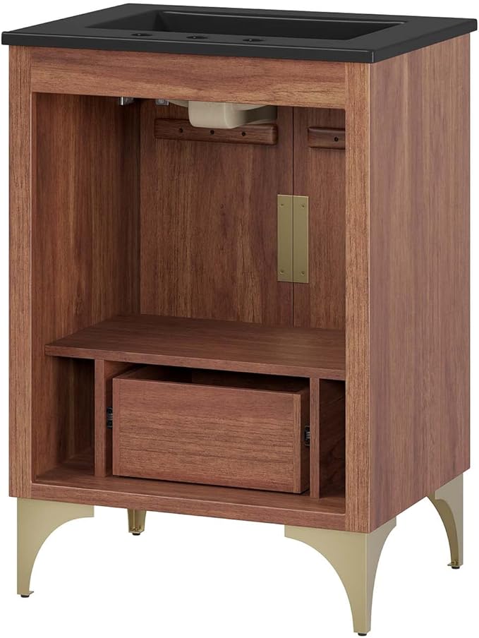 Modway Daylight Bathroom Vanity Cabinet with Ceramic Sink Basin, 24 Inch, Black Walnut