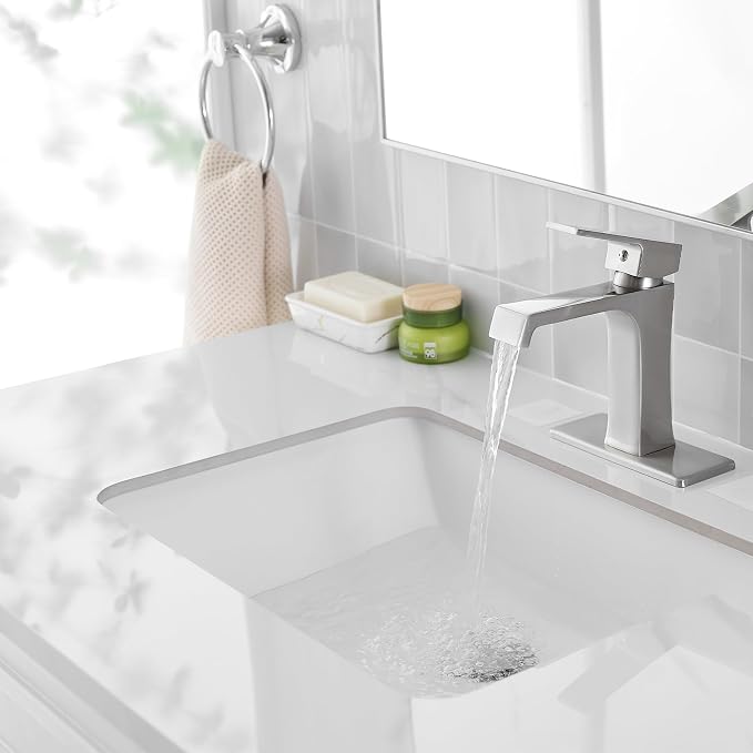 Waterfall Bathroom Faucet Brushed Nickel Bathroom Sink Faucet, Modern Single Hole Bathroom Faucet, Single Handle RV Sink Vanity Faucet—Includes Pop-Up Drain, Suitable for 1-Hole or 3-Hole