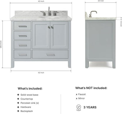 ARIEL Cambridge 42-inch Bathroom Vanity with Sink,Solid Wood, 1.5-inch Italian Carrara Marble Countertop & Backsplash, Single Oval Porcelain Sink, 2 Soft Closing Doors, 5 Dovetail Drawers, Grey
