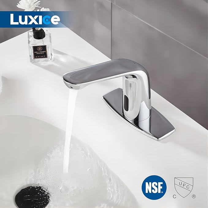 Luxice Chrome Touchless Bathroom Sink Faucet - Automatic Motion Sensor Battery Opertated for Commercial Lavatory Bathroom