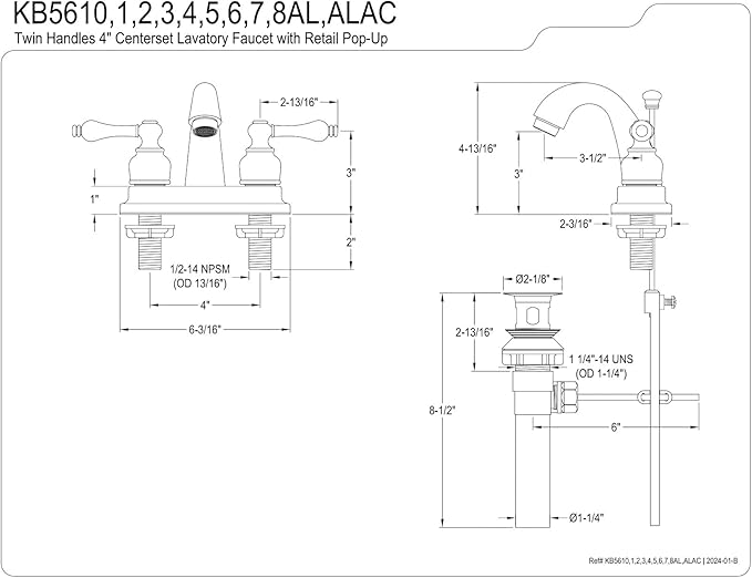 Kingston Brass KB5610AL Restoration 4 in. Centerset Bathroom Faucet, Matte Black