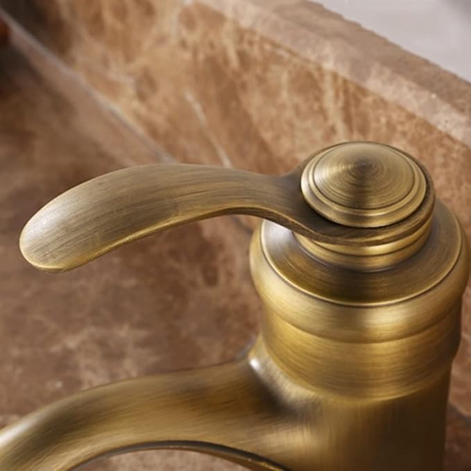 Vintage Bathroom Faucet, Cold Hot Mixer Vanity Tap, Single Hole, Antique Brass High, Gold(Gold)