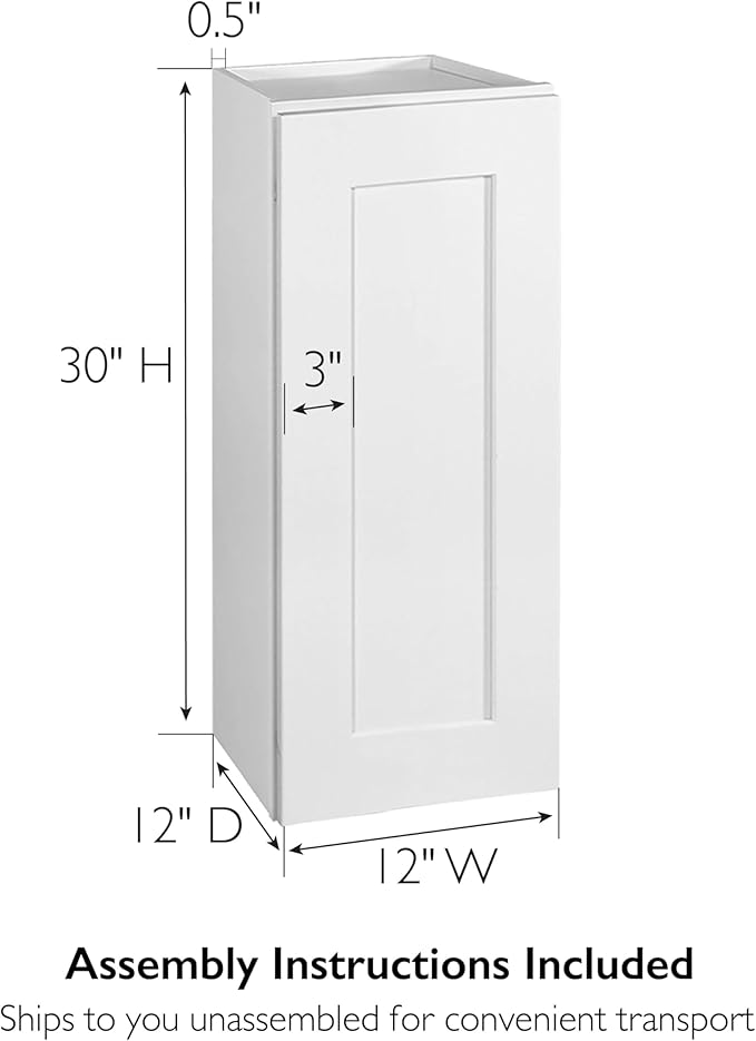 Design House Brookings Shaker Unassembled Wall Kitchen Cabinet W1230, 12 W x 12 D x 30 H, Painted White, Solid Wood, Design House, 561688
