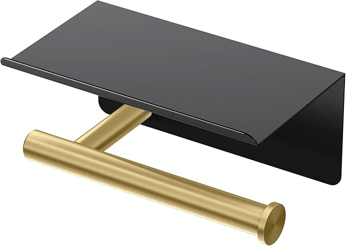 Gatco 1420MXB Latitude II Toilet Paper Holder with Phone Shelf, Wall Mounted Bathroom Tissue Holder, Matte Black/Brushed Brass