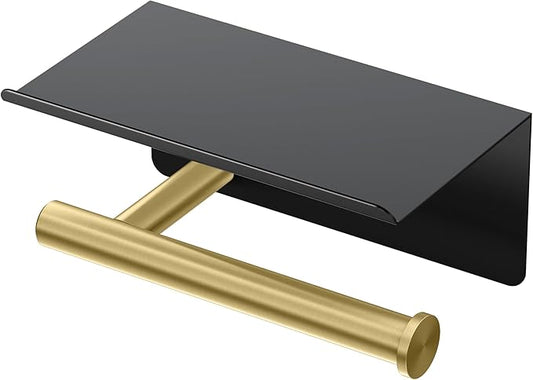 Gatco 1420MXB Latitude II Toilet Paper Holder with Phone Shelf, Wall Mounted Bathroom Tissue Holder, Matte Black/Brushed Brass