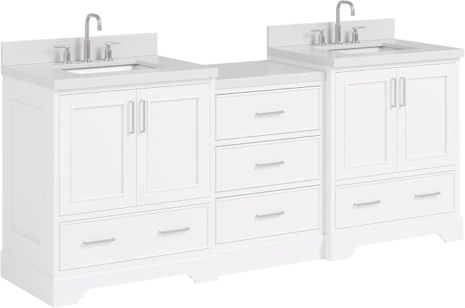 ARIEL Stafford 84-inch Bathroom Vanity with Sink,Solid Wood, 1.5in Pure White Quartz Countertop & Backsplash, Double Rectangular Porcelain Sink, 4 Soft Closing Doors, 5 Dovetail Drawers, White