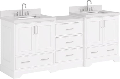 ARIEL Stafford 84-inch Bathroom Vanity with Sink,Solid Wood, 1.5in Pure White Quartz Countertop & Backsplash, Double Rectangular Porcelain Sink, 4 Soft Closing Doors, 5 Dovetail Drawers, White