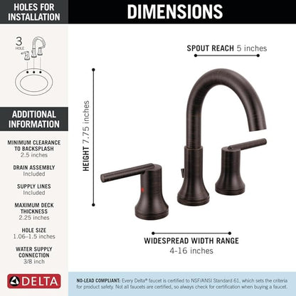Delta Trinsic Oil Rubbed Bronze Bathroom Faucet 3 Hole, 8 Inch Widespread Bathroom Sink Faucet for Vanity, Metal Push-Pop Drain Assembly, Venetian Bronze 3559-RBMPU-DST
