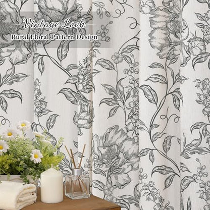 Black Boho Linen Fabric Shower Curtain , Farmhouse Floral For Bathroom