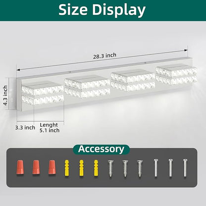 OKELI Crystal Vanity Lights LED Bathroom Vanity Light Fixture Over Mirror Modern Indoor Mirror Front Lamp, 6000K Cold White Dimmable, 4-Lights, 24W, ETL Listed